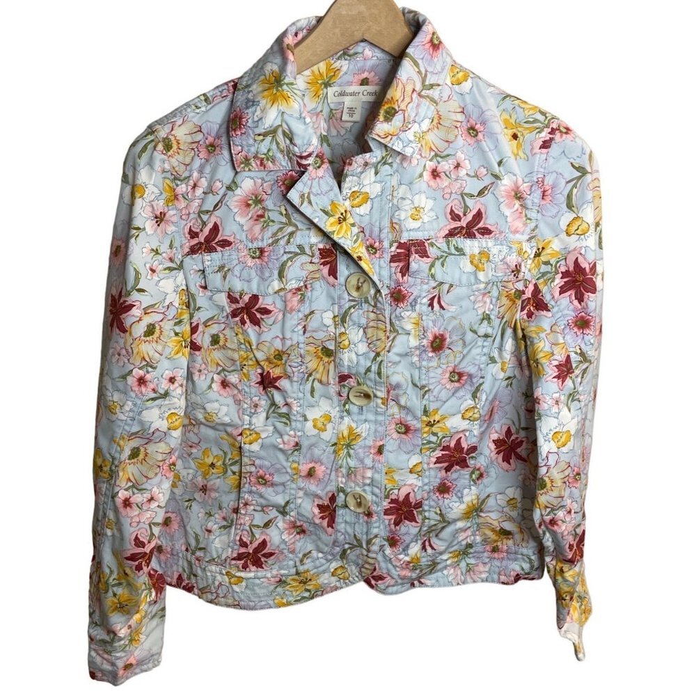 Coldwater Creek Colorful Floral Three Button Jacket Sz 10